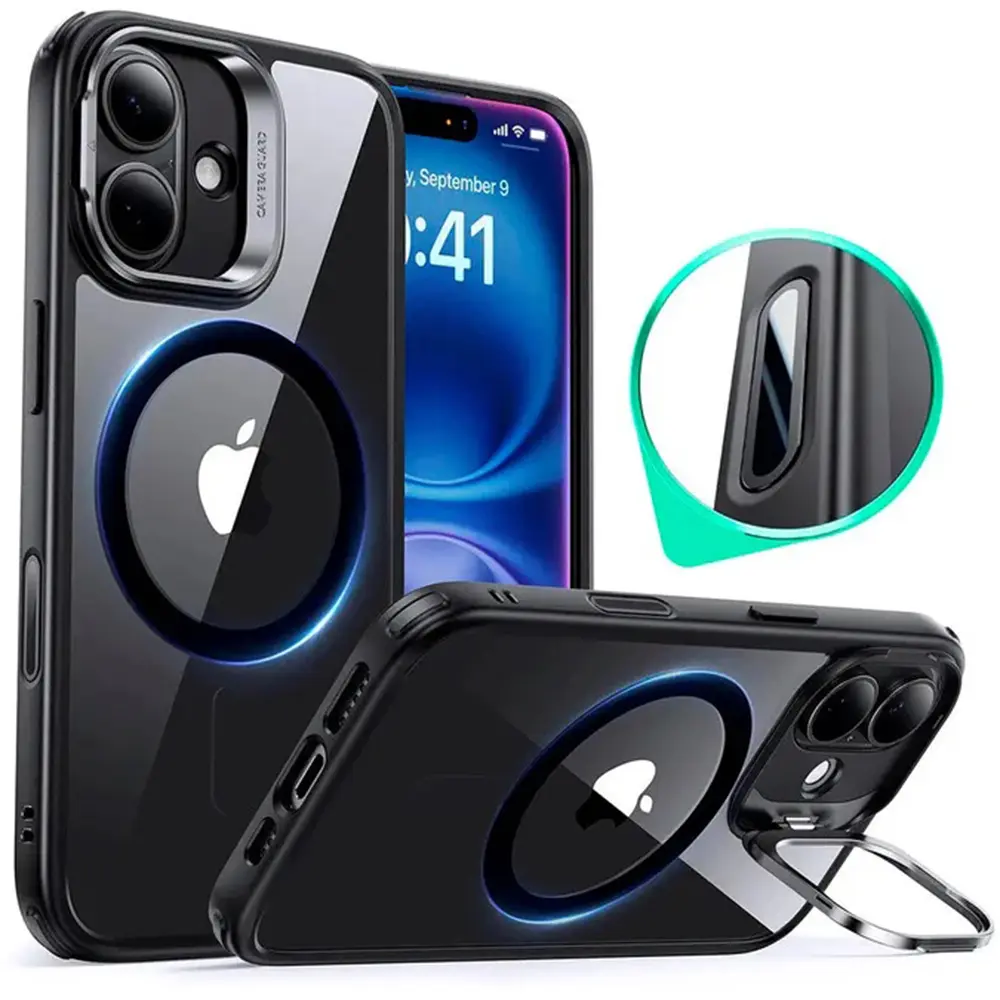 ESR Classic Hybrid HaloLock Kickstand iPhone 16 černá průhledná