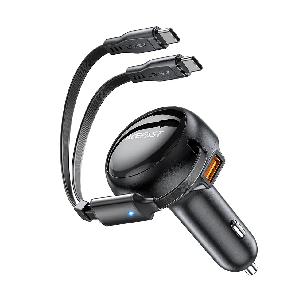 Acefast Car Charger B13 s navíjecím kabelem USB 2x Type-C 53W 70 + 15cm černá