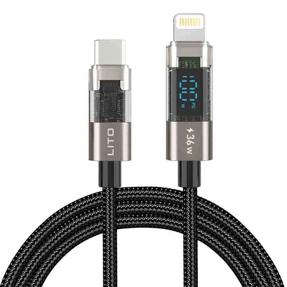 Lito Datový kabel LD09CL Lightning na Type-C 36W Rychlé nabíjení LED displej 1.2m černý