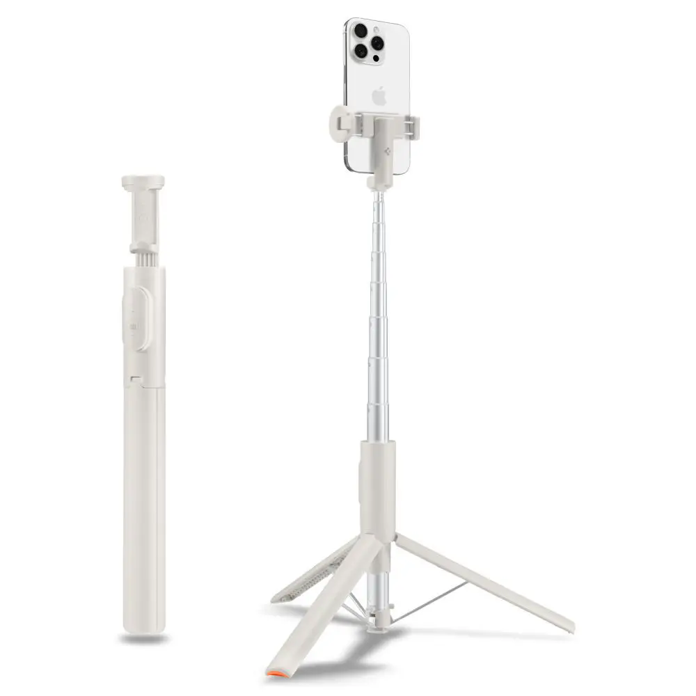 Spigen Selfie Stick S541W s dálkovým ovládáním stativ stabilní Bluetooth skládací protiskluzové silikonové podložky písková béžová