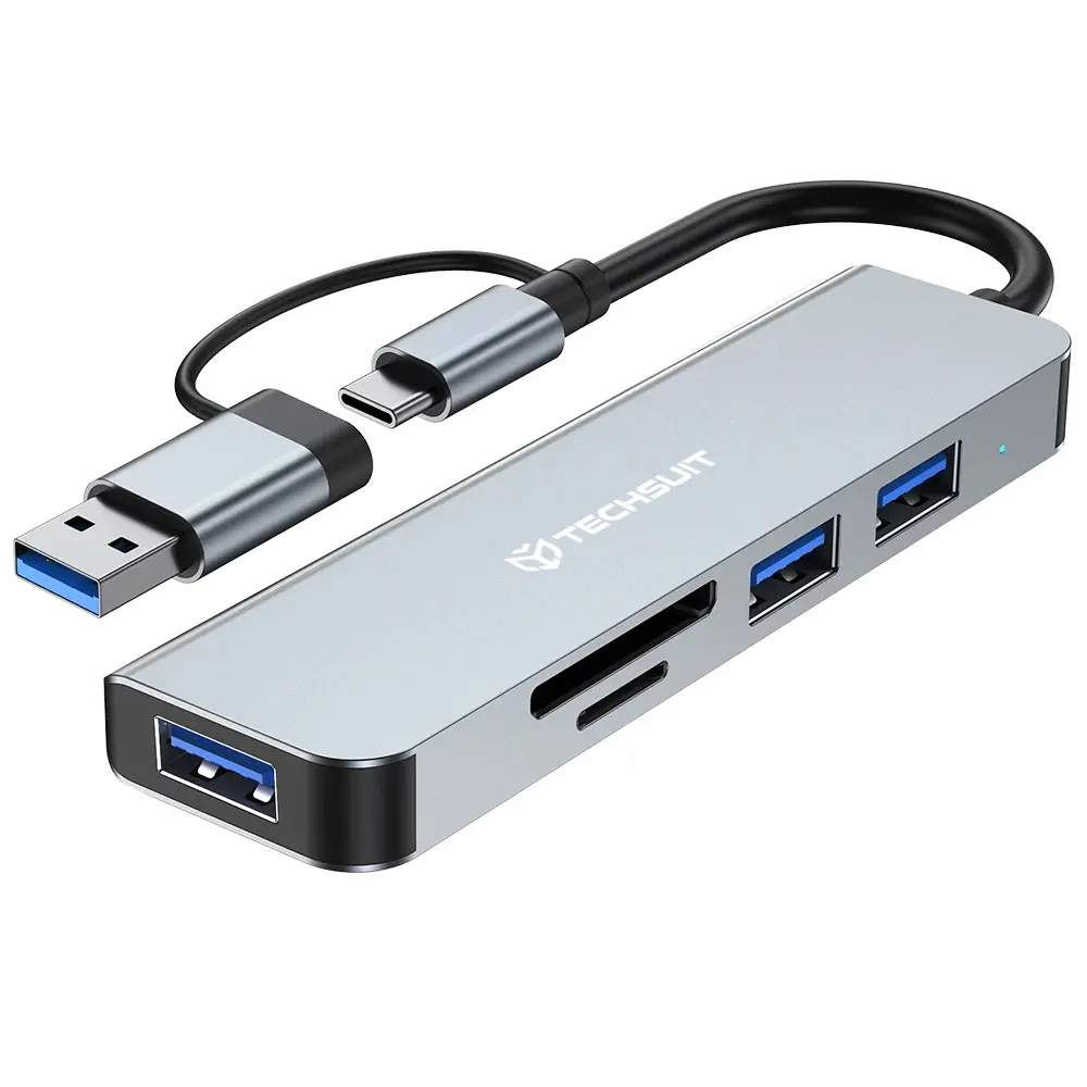 Techsuit Docking Station DataBridge 5 v 1 (H7) USB Type-C na USB 3.0 2x USB 2.0 SD/TF karta šedá