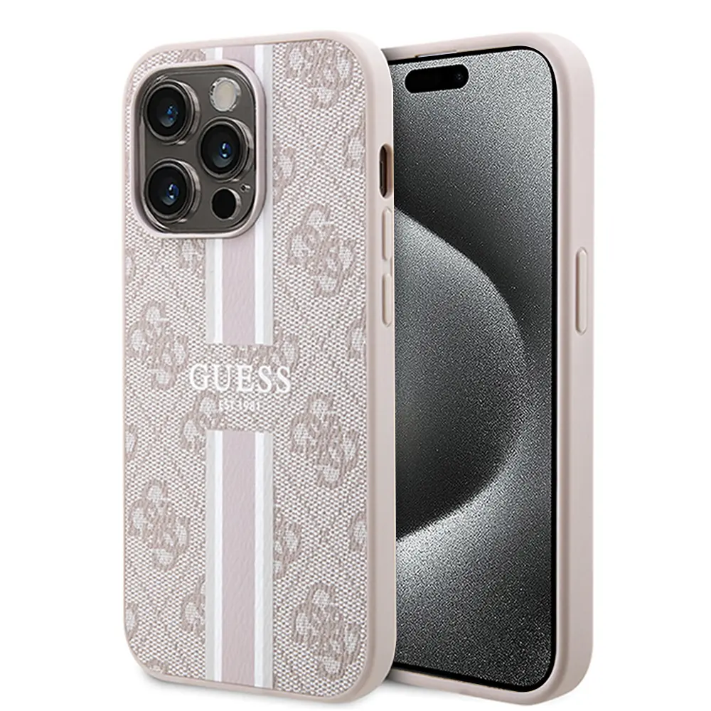 Guess pevný kryt 4G s potištěnými pruhy a MagSafe na iPhone 15 Pro (GUHMP15LP4RPSP) - růžový