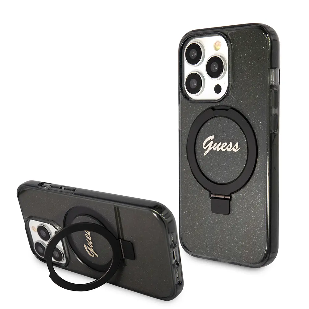 Guess Ring Stand Script Glitter MagSafe iPhone 15 Pro Černý