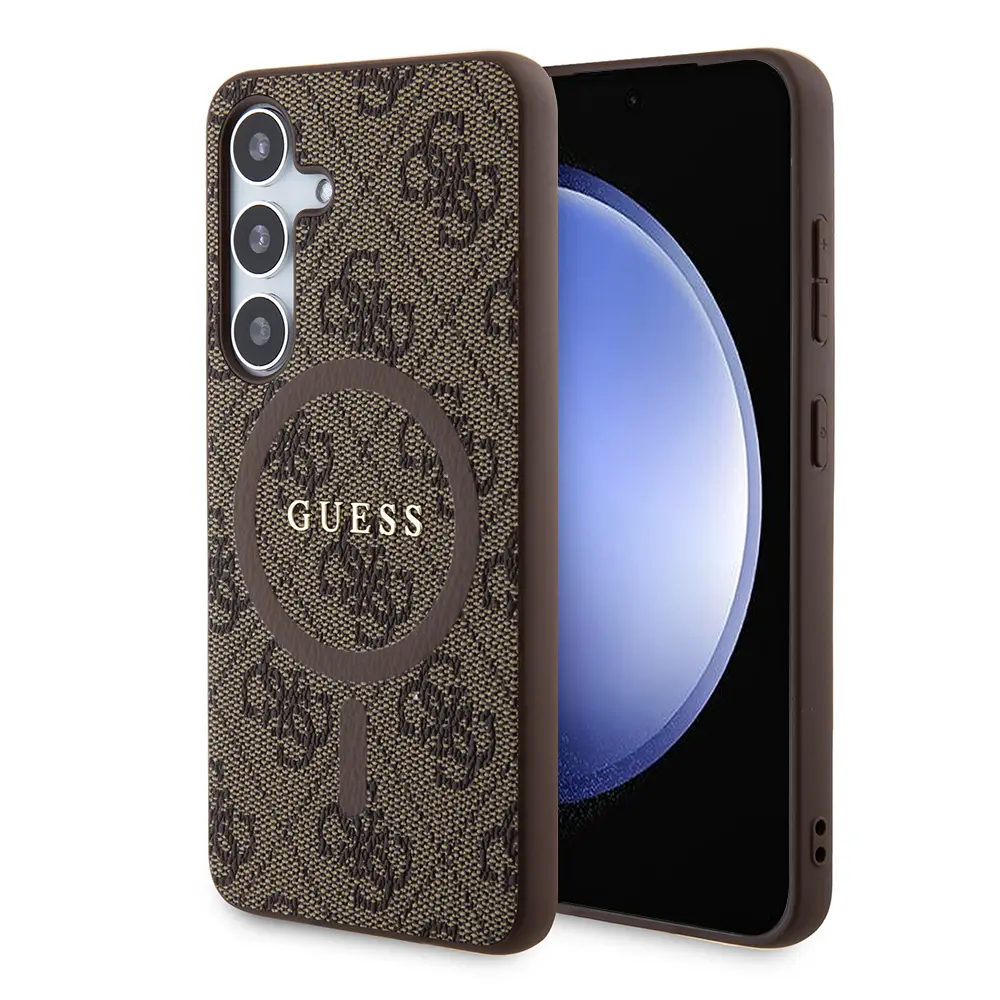 Guess 4G Collection kožené MagSafe pouzdro Samsung Galaxy S24 hnědé