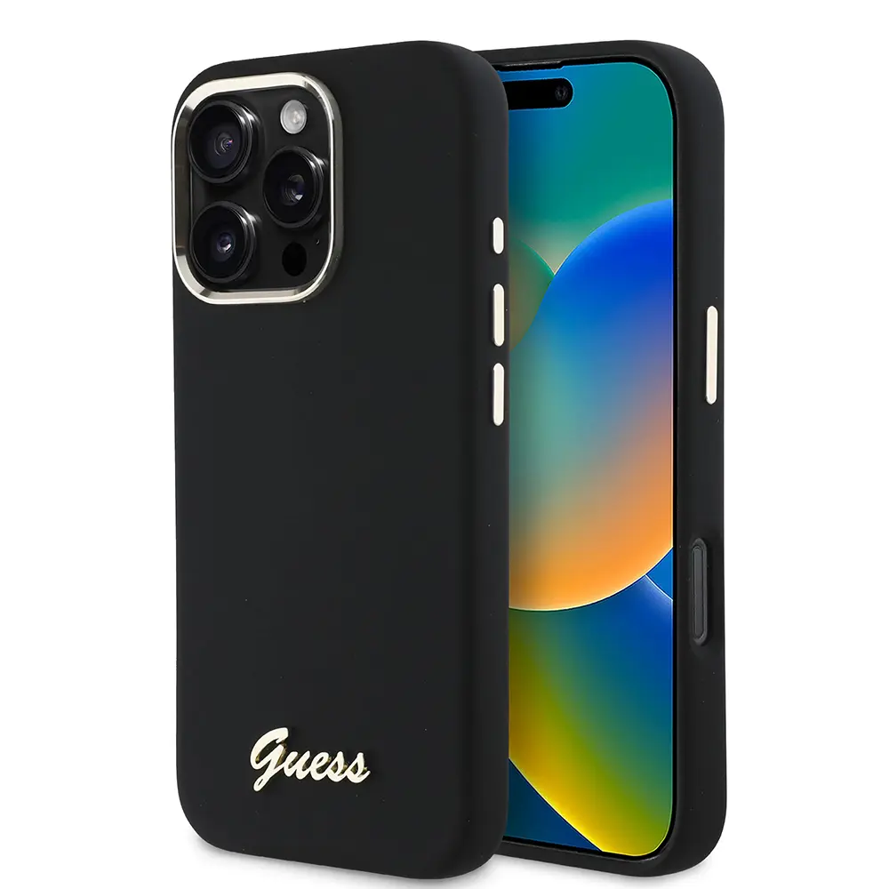 Guess Silicone Script Metal Logo &amp; Frame GUHCP16LSMBSLK iPhone 16 Pro černá
