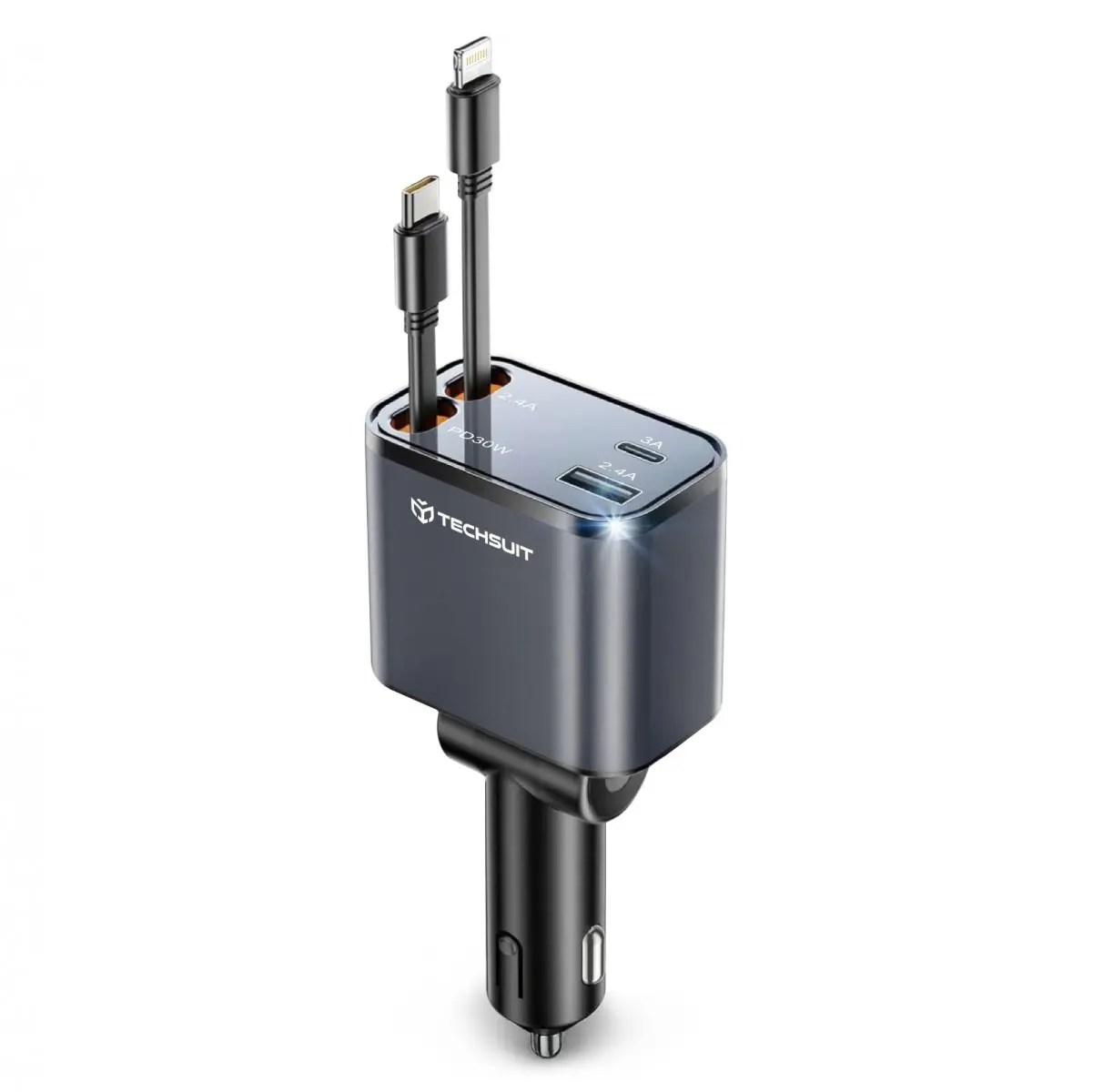 Techsuit Premium Car Charger NanoVoltX C1 s USB-C Lightning kabely šedý
