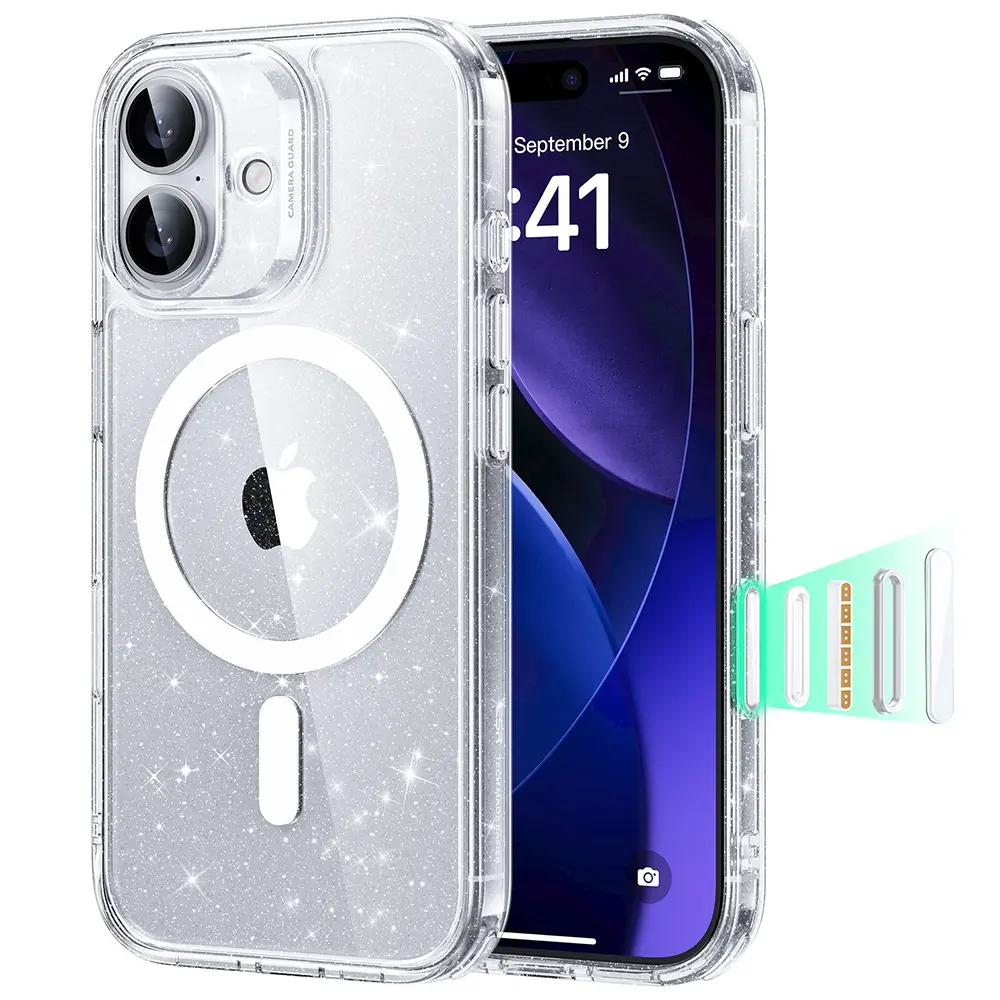 ESR Classic Hybrid HaloLock pro iPhone 17 v čiré třpytivé barvě