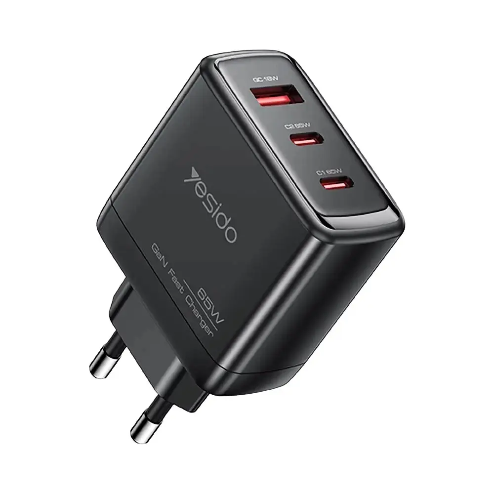 Yesido Wall Charger YC144C GaN Rychlonabíječka pro Telefon Tablet USB 2x Type-C PD65W QC18W USB-C Kabel 1m Černá