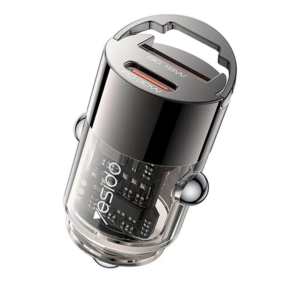 Yesido Hidden Car Charger Y68 Dvouportová USB-A + Type-C PD30W Hliník Rychlé nabíjení Černá