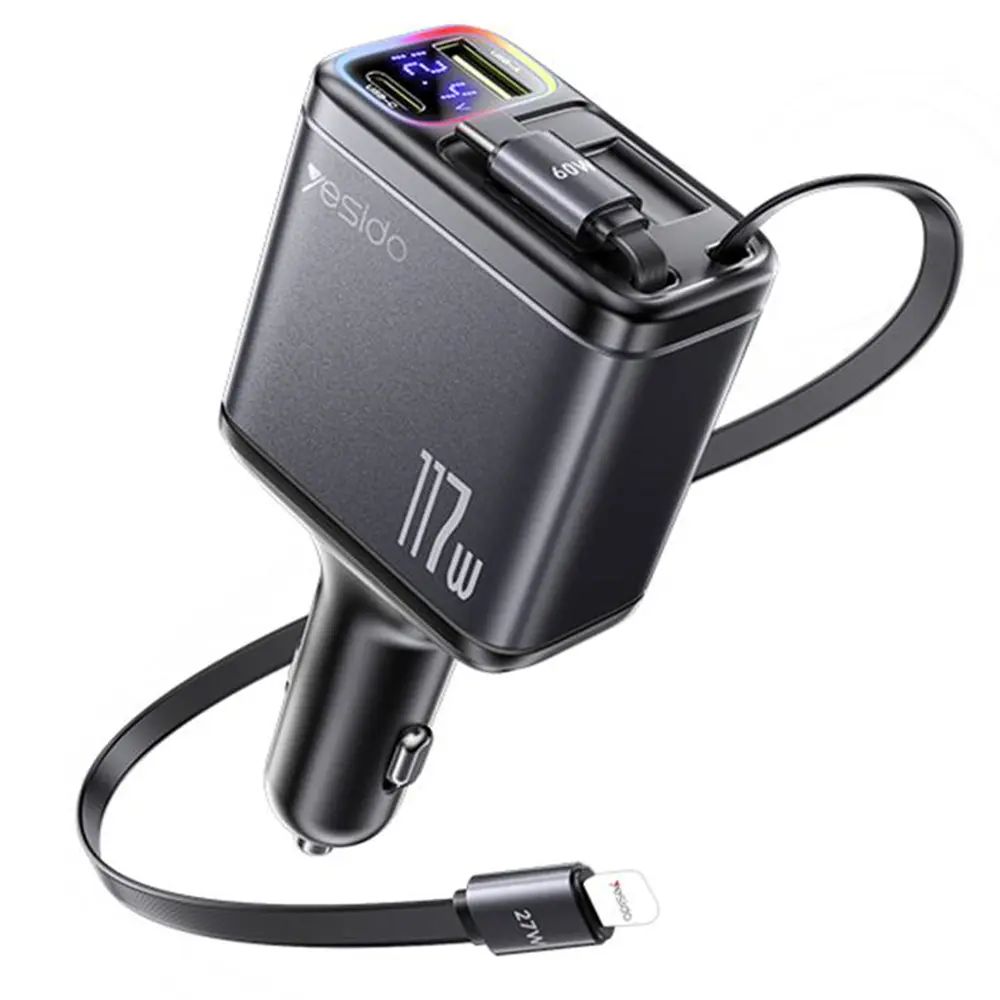 Yesido 4v1 nabíječka do auta Y63 s 2x zatahovacím kabelem LED světlem 117W šedá