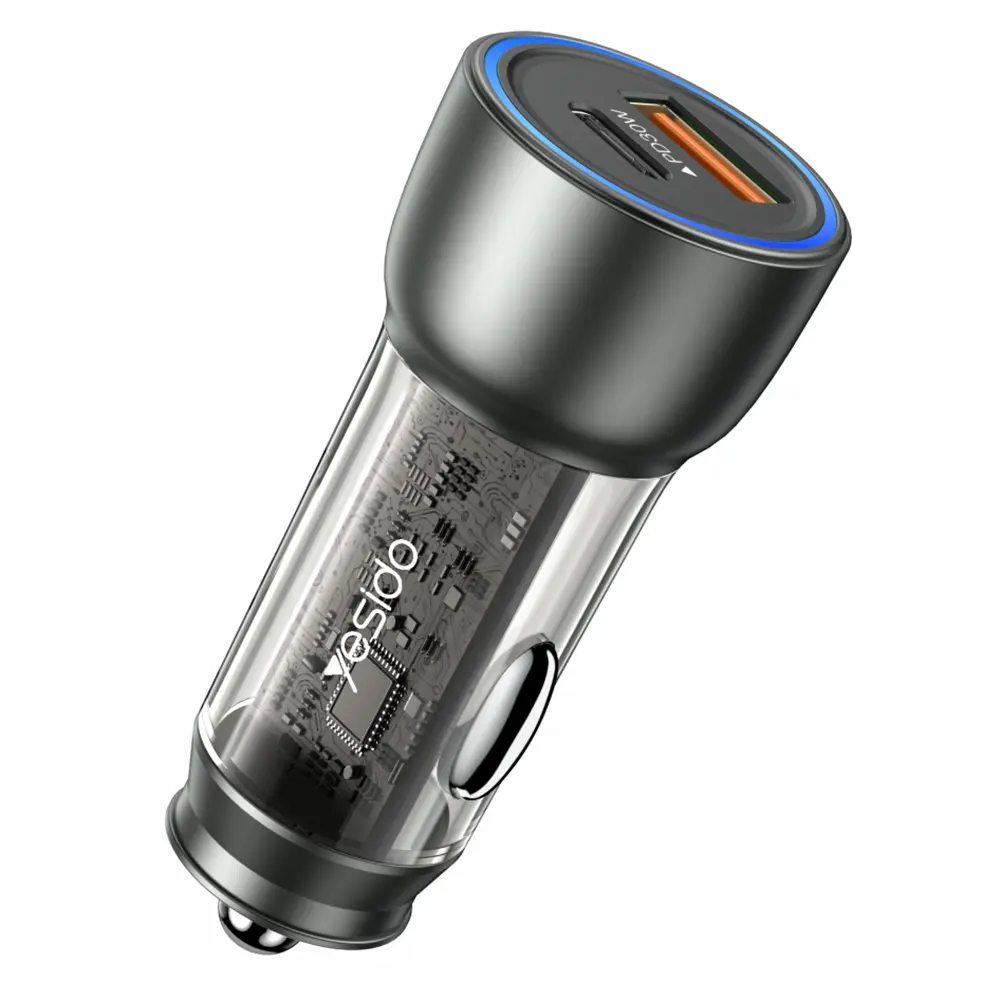 Yesido Car Charger Y49 USB-A Type-C LED světelný efekt rychlé nabíjení 30W šedá