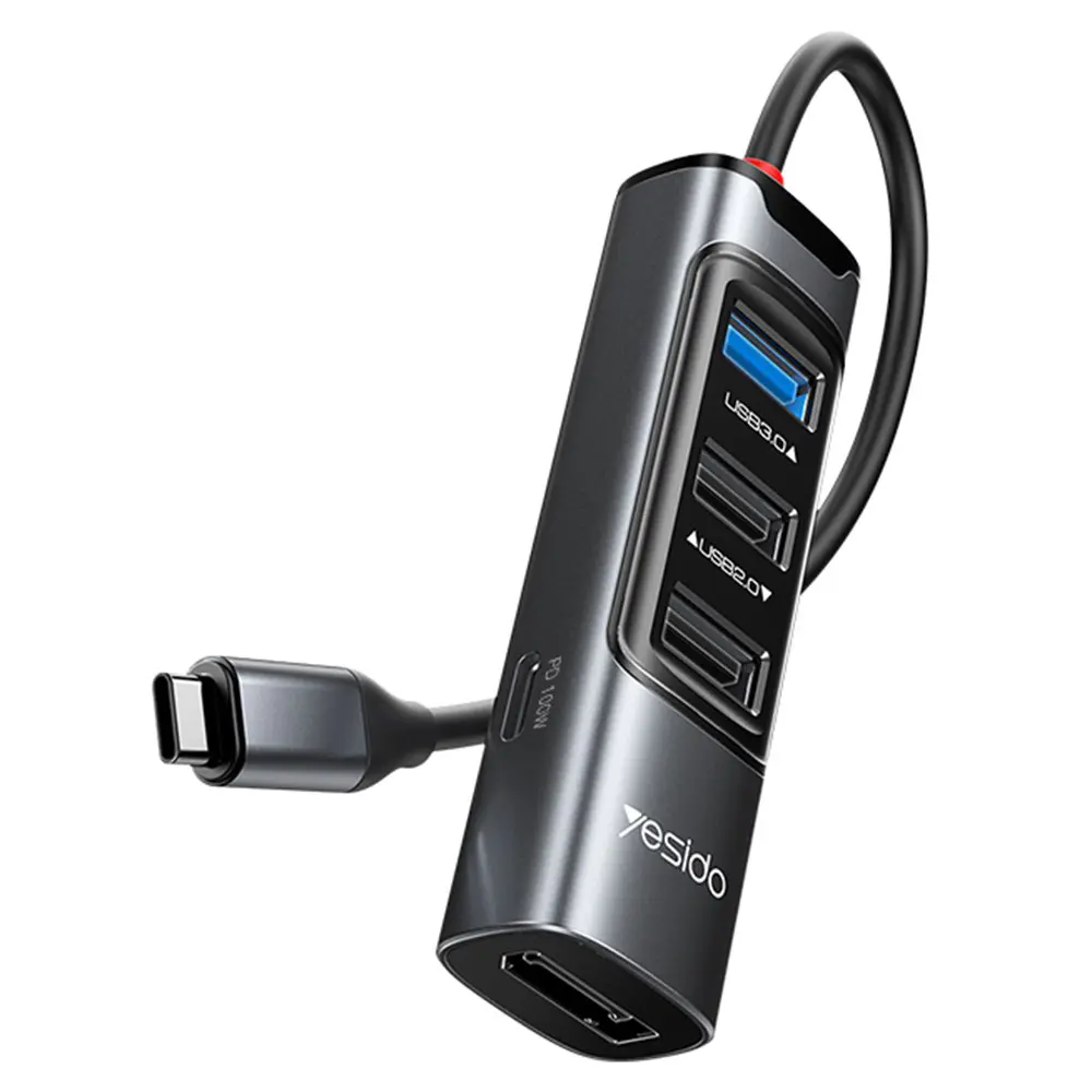 Yesido Docking Station 5v1 HB23 Type-C na 3x USB USB-C DisplayPort PD100W Šedá