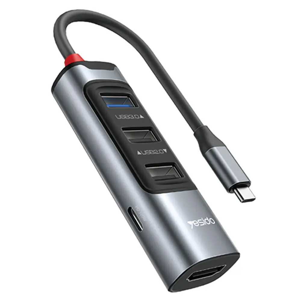 Yesido Docking Station 5v1 HB22 Type-C na 3x USB USB-C HDMI PD100W Šedá