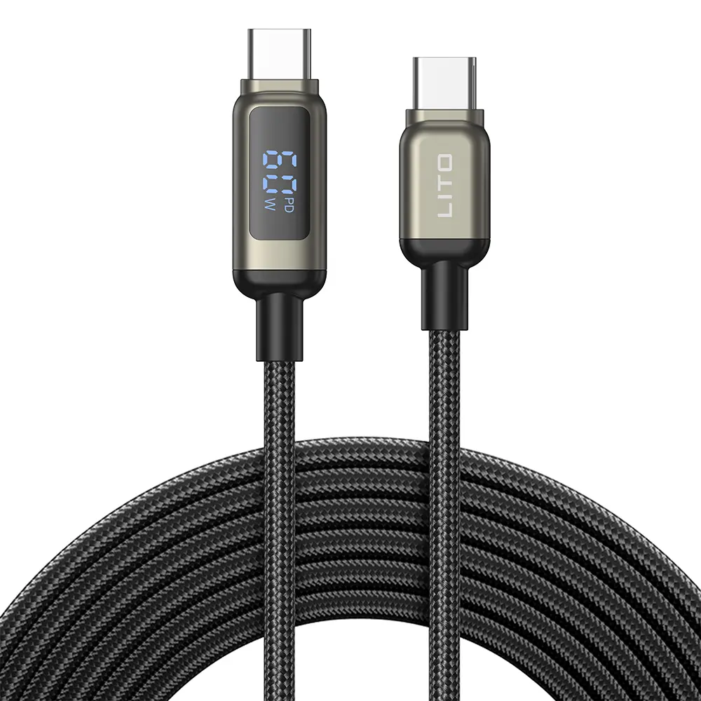 Lito Datový kabel LD15 Type-C na Type-C Rychlé nabíjení Pletený nylon 60W LED displej Černý