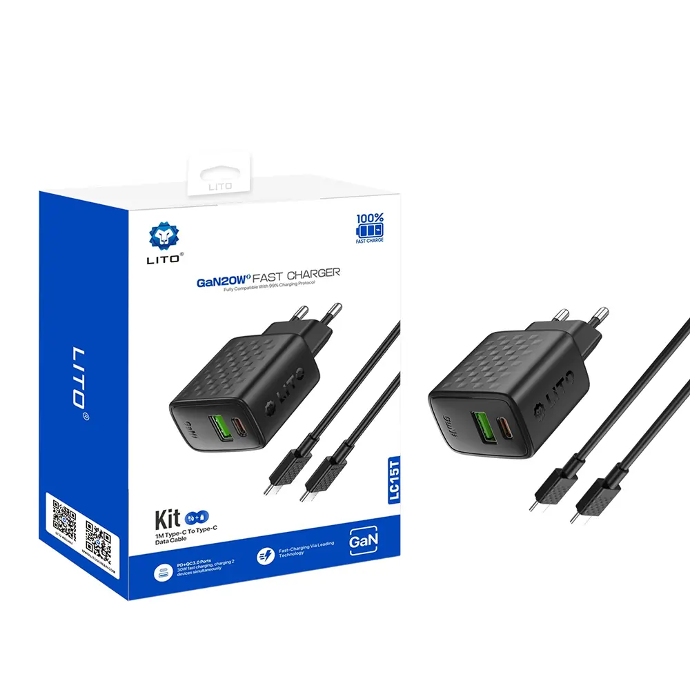 Lito Wall Charger LC15T s kabelem Type-C Type-C USB výstup PD20W GaN PC nehořlavý EU zástrčka černý