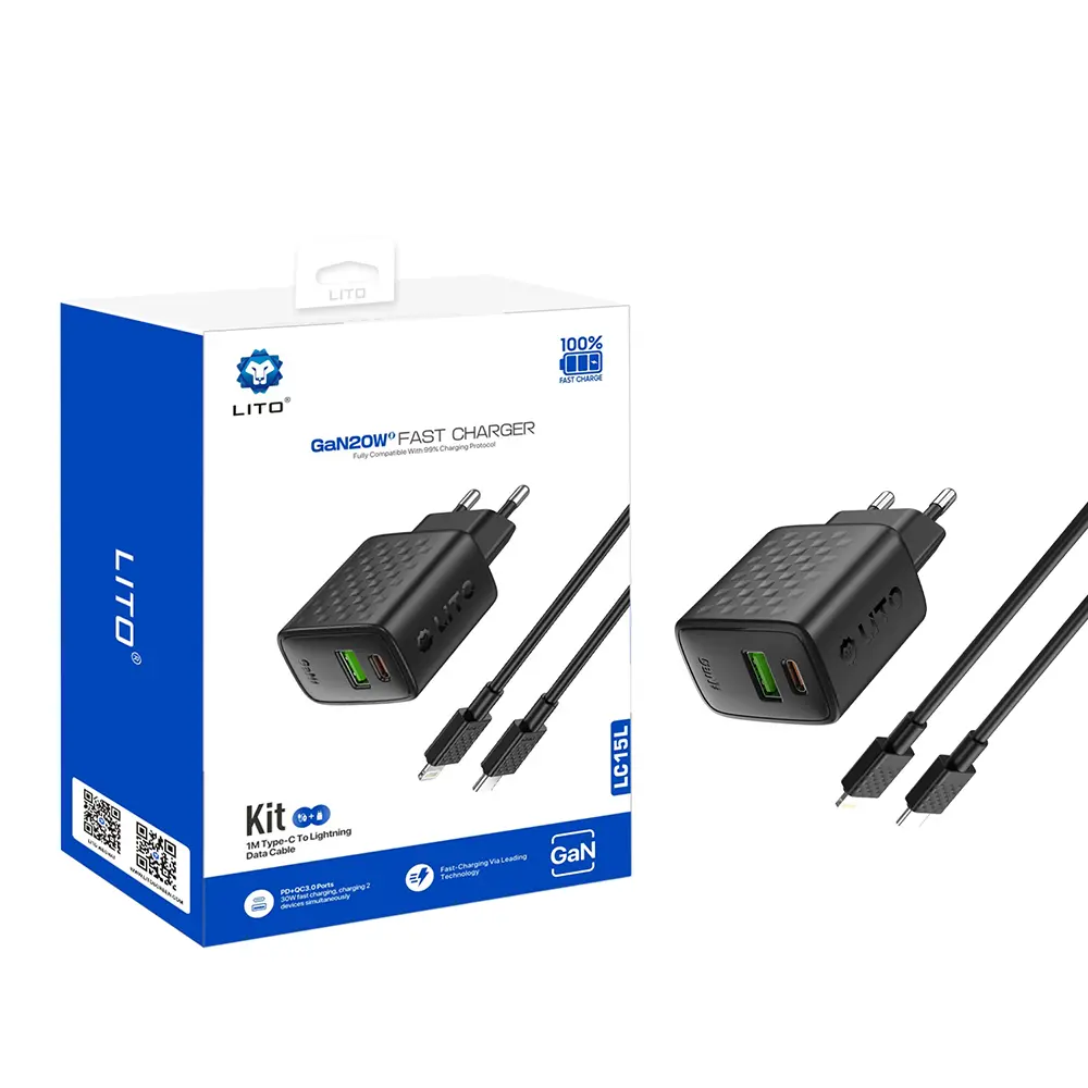 Lito - Wall Charger LC15L síťová nabíječka (Lightning kabel v balení, USB-C+USB, PD20W, GaN technologie, nehořlavý PC materiál, EU vidlice) - černá