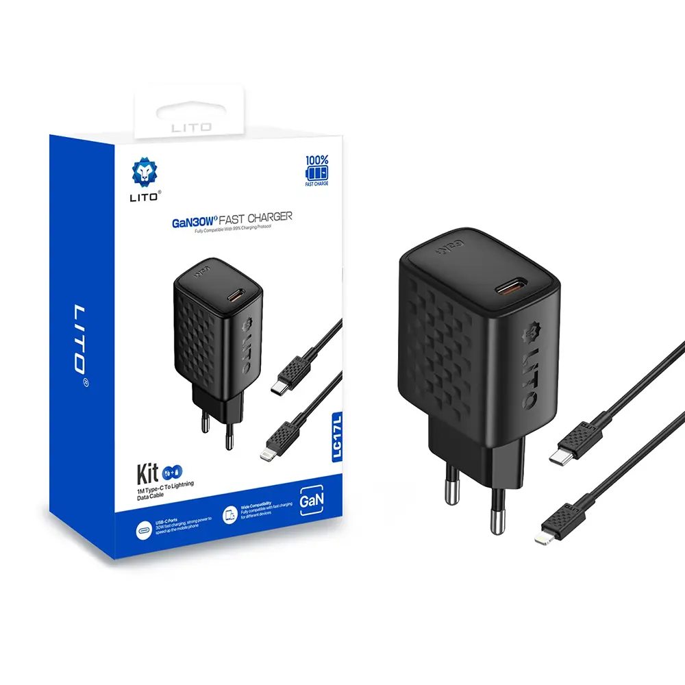 Lito - Wall Charger LC17L síťová nabíječka (Lightning kabel v balení, USB-C výstup, PD30W, GaN technologie, nehořlavý PC materiál, EU vidlice) - černá