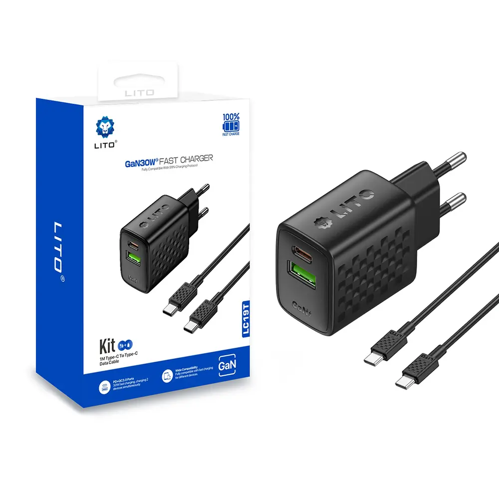 Lito Wall Charger LC19T s kabelem Type-C Type-C USB výstup PD30W GaN EU černá