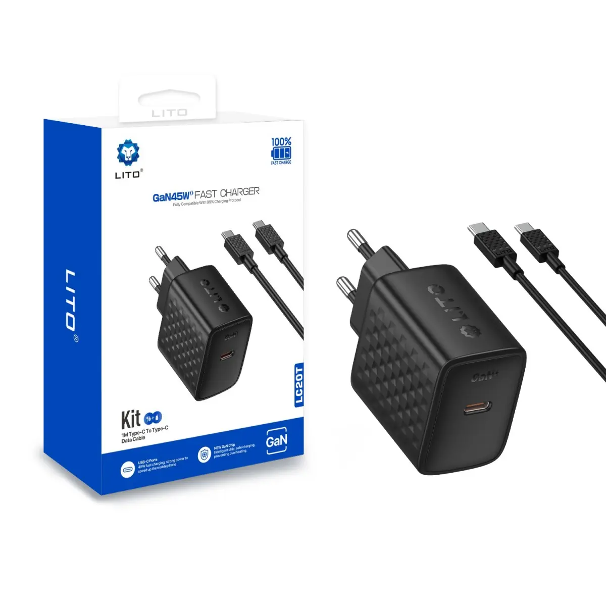 Lito Wall Charger LC20T s kabelem Type-C výstup Type-C PD45W GaN EU černá