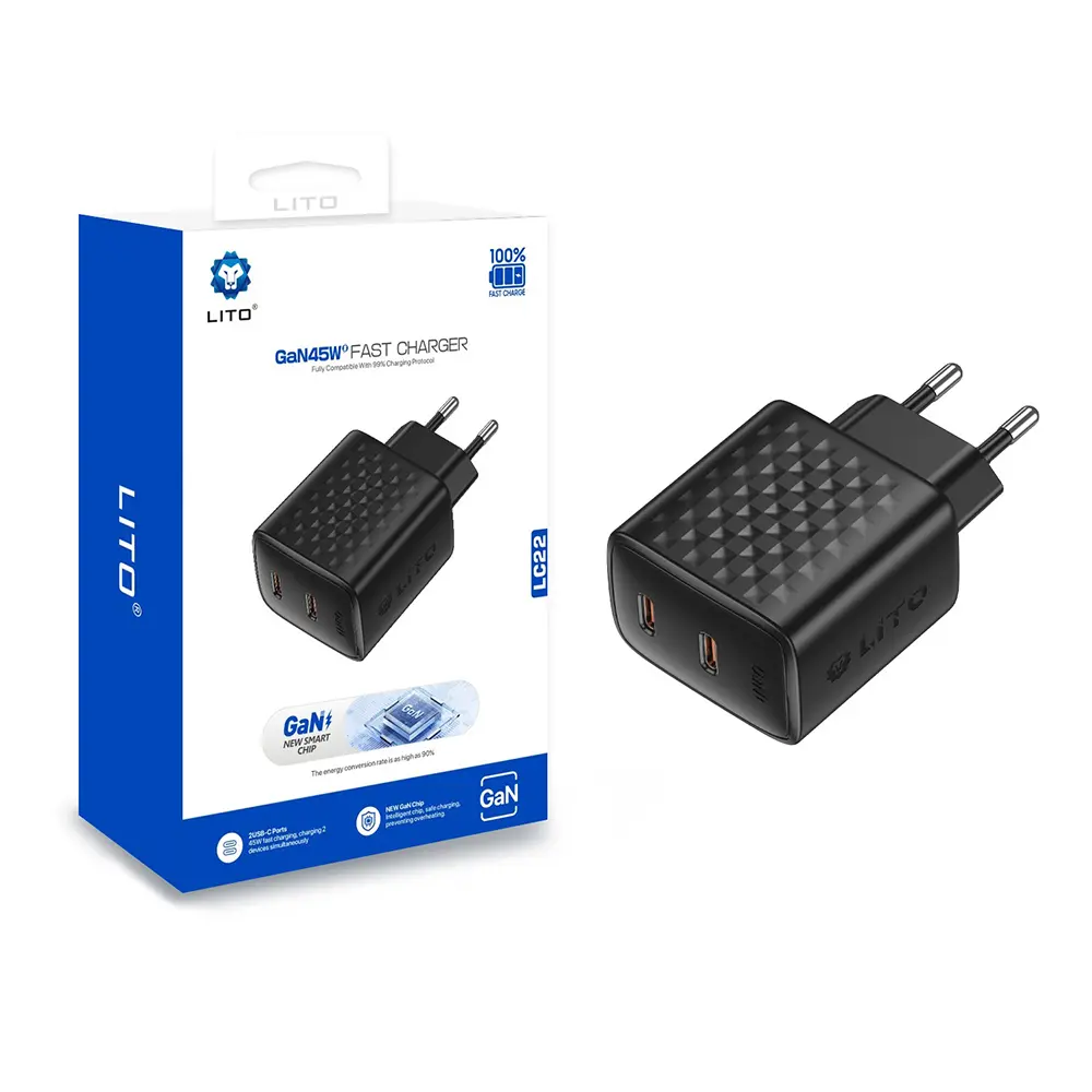Lito Wall Charger LC22 2x Type-C výstup PD45W GaN PC nehořlavý EU zástrčka černá