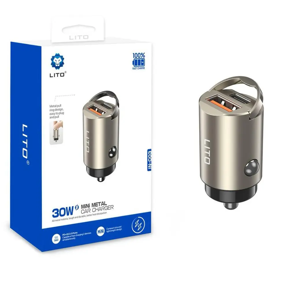 Lito Car Charger IN-C03 1x USB 1x Type-C 30W Rychlé nabíjení Gunmetal