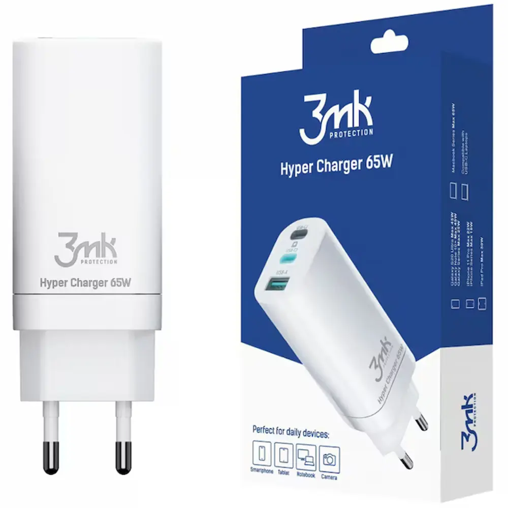 3mk Wall Charger Hyper 2x Type-C 1x USB-A GaN Technology Quick Charge 65W bílá