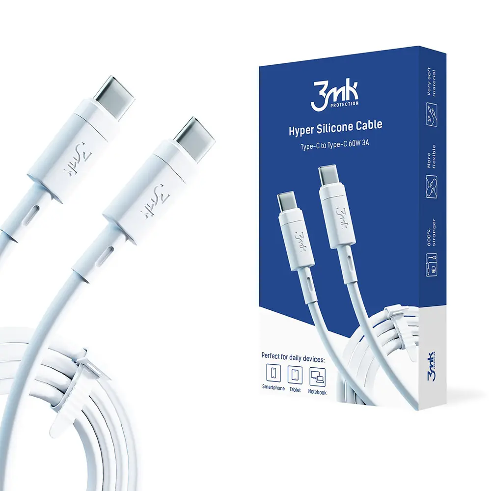 3mk Datový kabel Hyper Silicone USB-C na USB-C 60W 3A 1m bílý