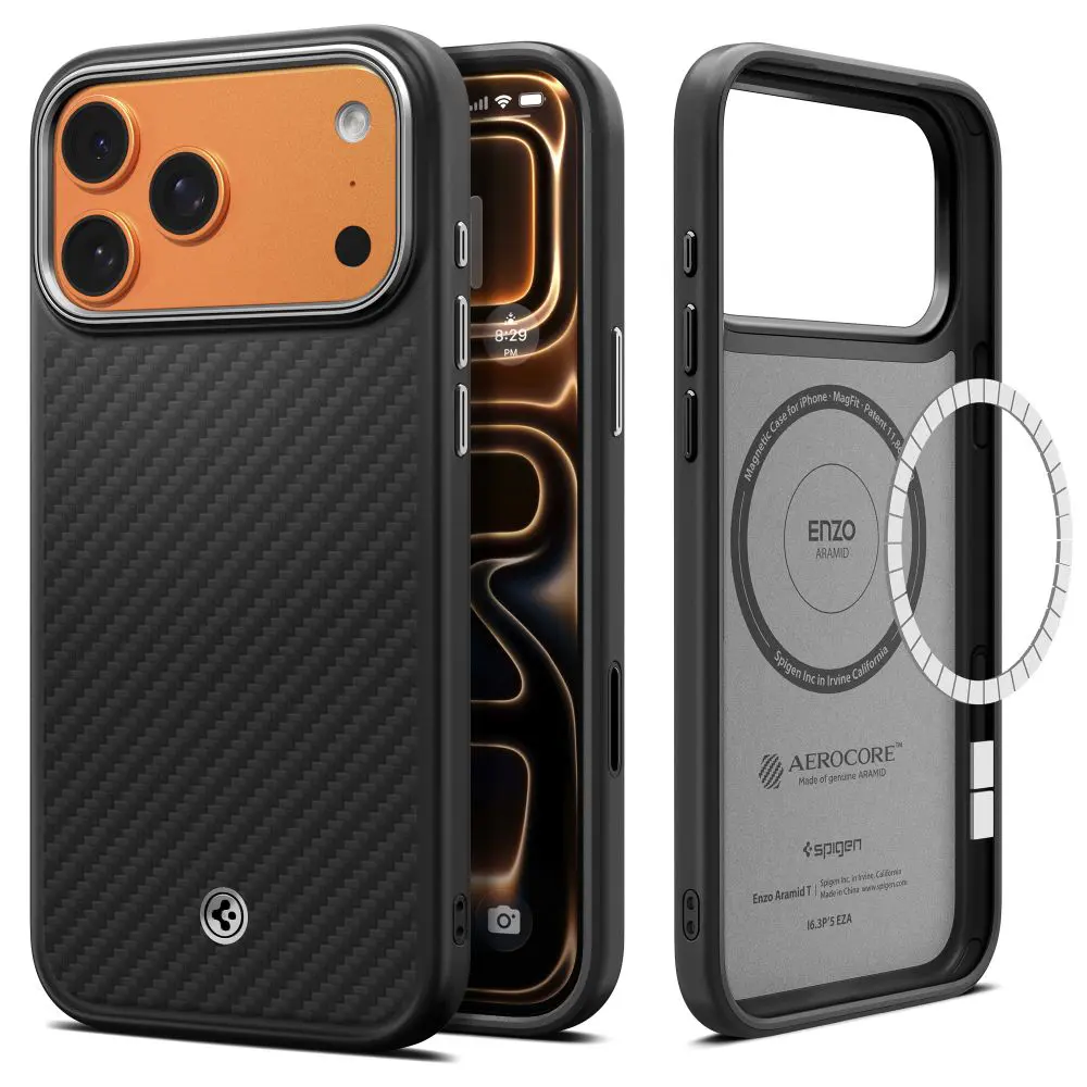 Spigen Enzo Aramid "T" MagSafe pro iPhone 17 Pro černá stříbrná
