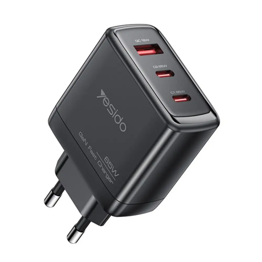 Yesido Wall Charger YC144 2x Type-C 1x USB-A 65W GaN Technology Rychlé nabíjení černá