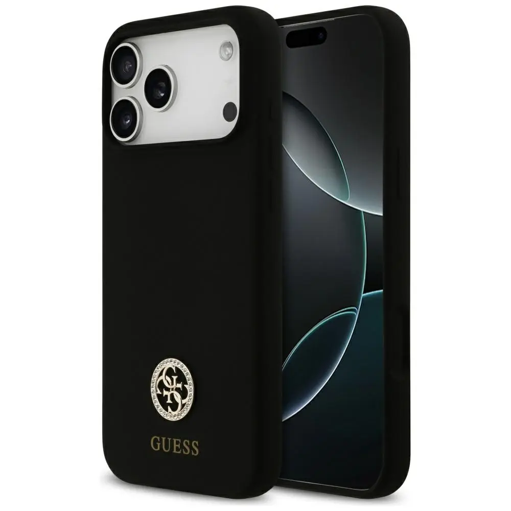 Guess Silicone Logo Strass 4G MagSafe iPhone 17 Pro Max Černý