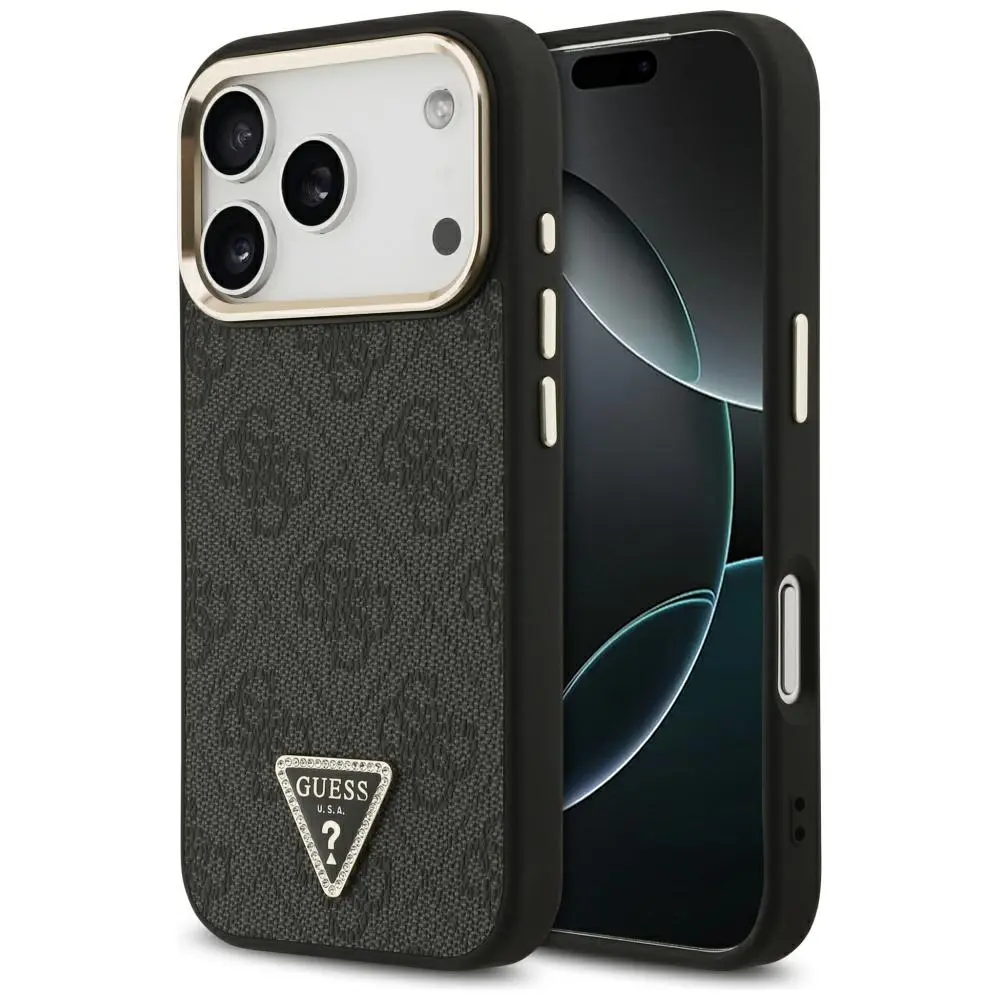Zadní kryt Guess PU Leather 4G Triangle Logo Gold Frame MagSafe pro iPhone 17 Pro Max Black