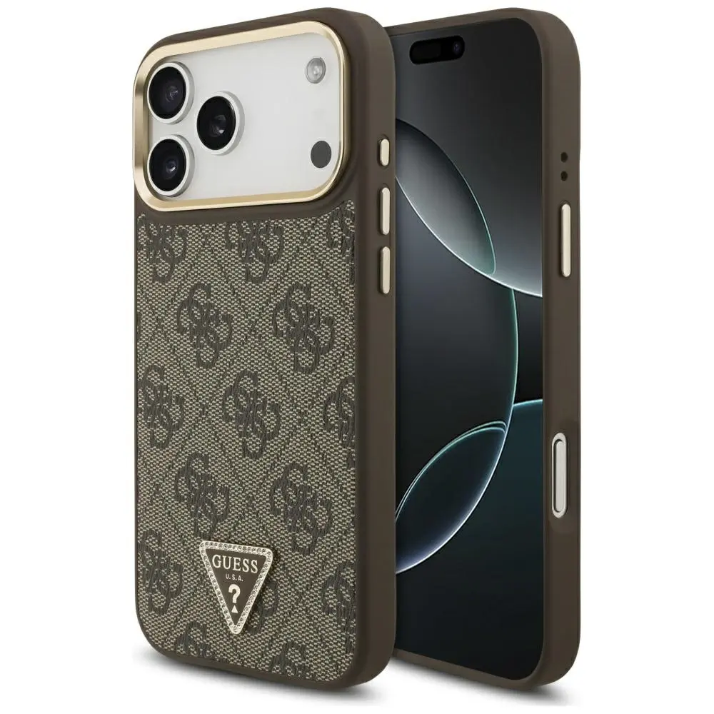 Guess PU Leather 4G Strass Triangle Logo Gold Frame MagSafe Zadní Kryt pro iPhone 17 Pro Brown GUHMP17LP4GTDGMW