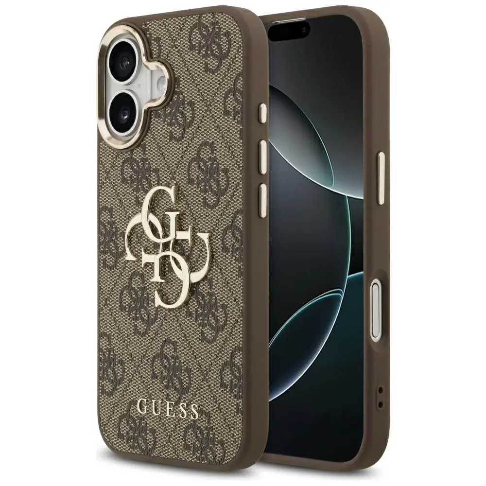 Guess PU Leather 4G Metal Logo Gold Frame Zadní Kryt pro iPhone 17 Brown GUHCP17S4GMGCBR