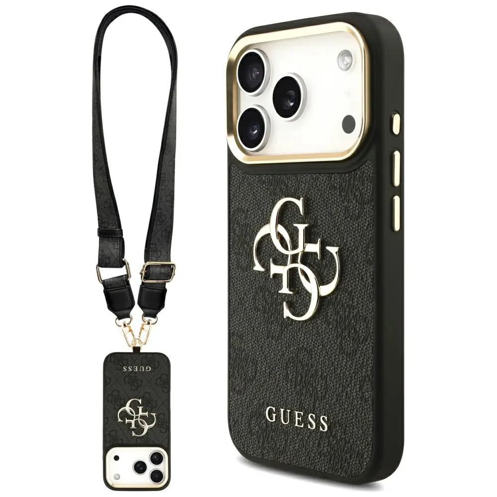 Guess Big 4G Classic Logo s velkým popruhem kovová tlačítka iPhone 17 Pro černá