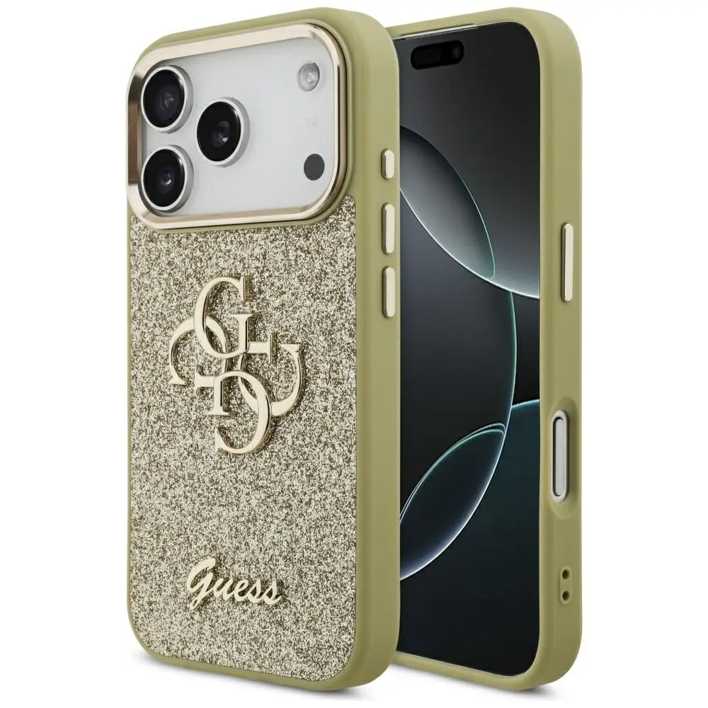 Zadní kryt Guess PU Fixed Glitter 4G Metal Frame pro iPhone 17 Pro zlatý