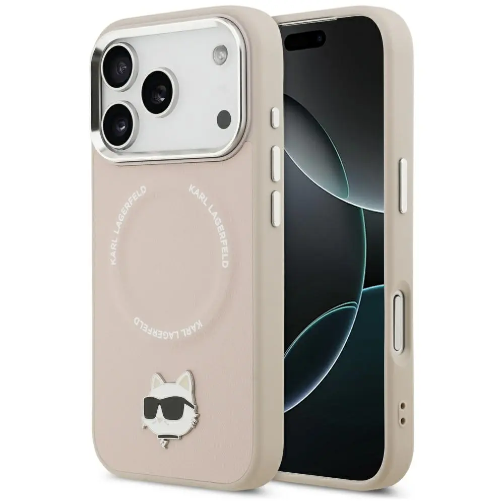 Karl Lagerfeld kožený Choupette Pin MagSafe iPhone 17 Pro Max růžový