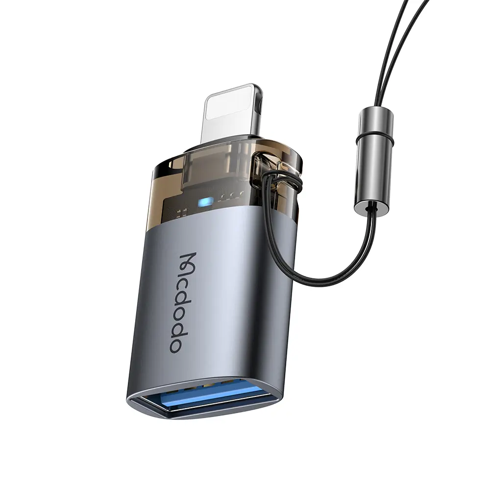 Mcdodo - OTG adaptér (OT-7390) - USB na Lightning, hliníková slitina, nabíjení a synchronizace dat, s indikačním světlem, poutko - černá