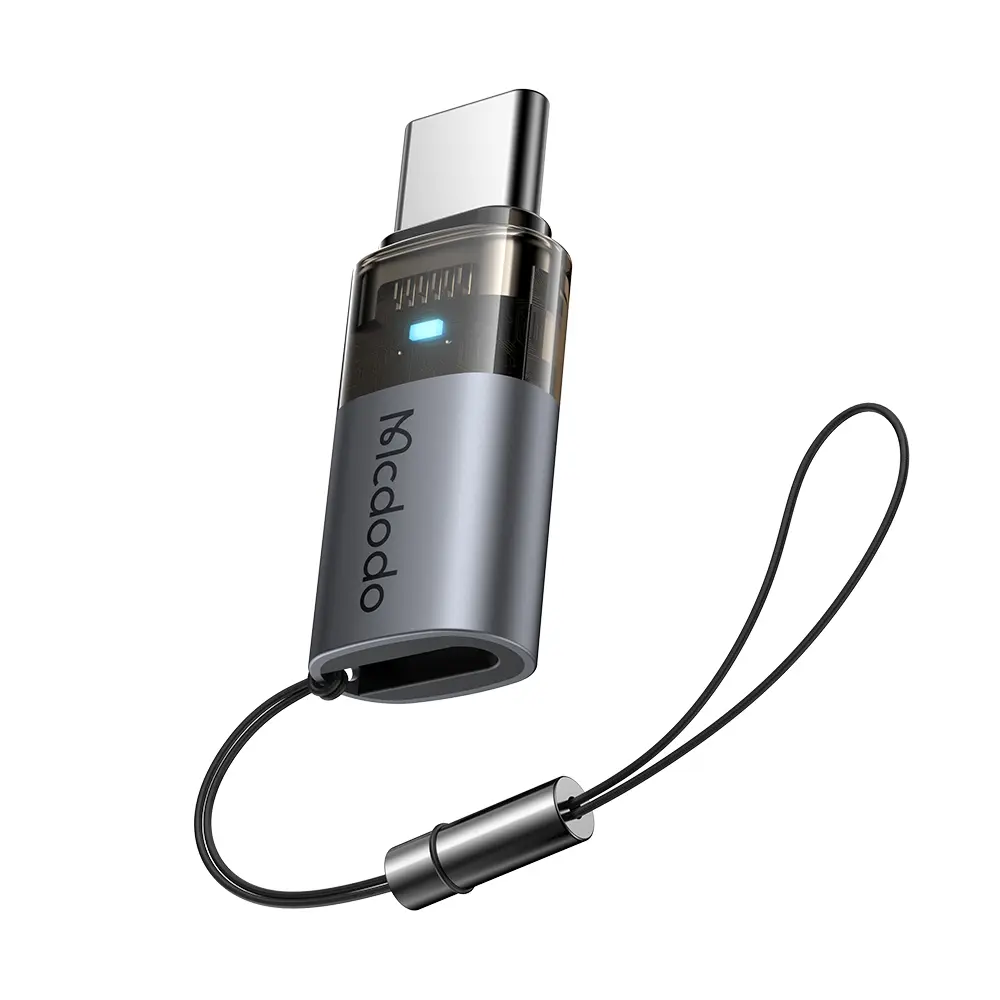 Mcdodo - OTG adaptér (OT-7610) - Lightning na Type-C, hliníková slitina, nabíjení a synchronizace dat, 60W, modré světlo, poutko - černá