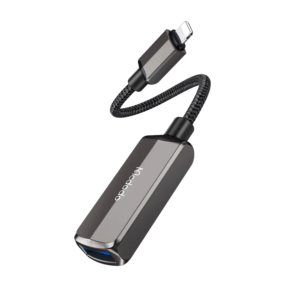 Mcdodo – OTG adaptér (CA-2690) – Lightning na USB, Lightning, hliníková slitina, nylon, 2,4 A – tmavě šedá