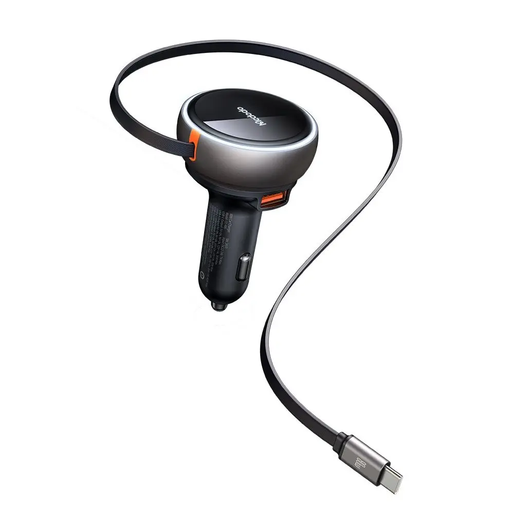 Mcdodo – nabíječka do auta (CC-4850) – s výsuvným kabelem USB-C, 80W, duální port, světelný indikační kroužek, 80cm – černá