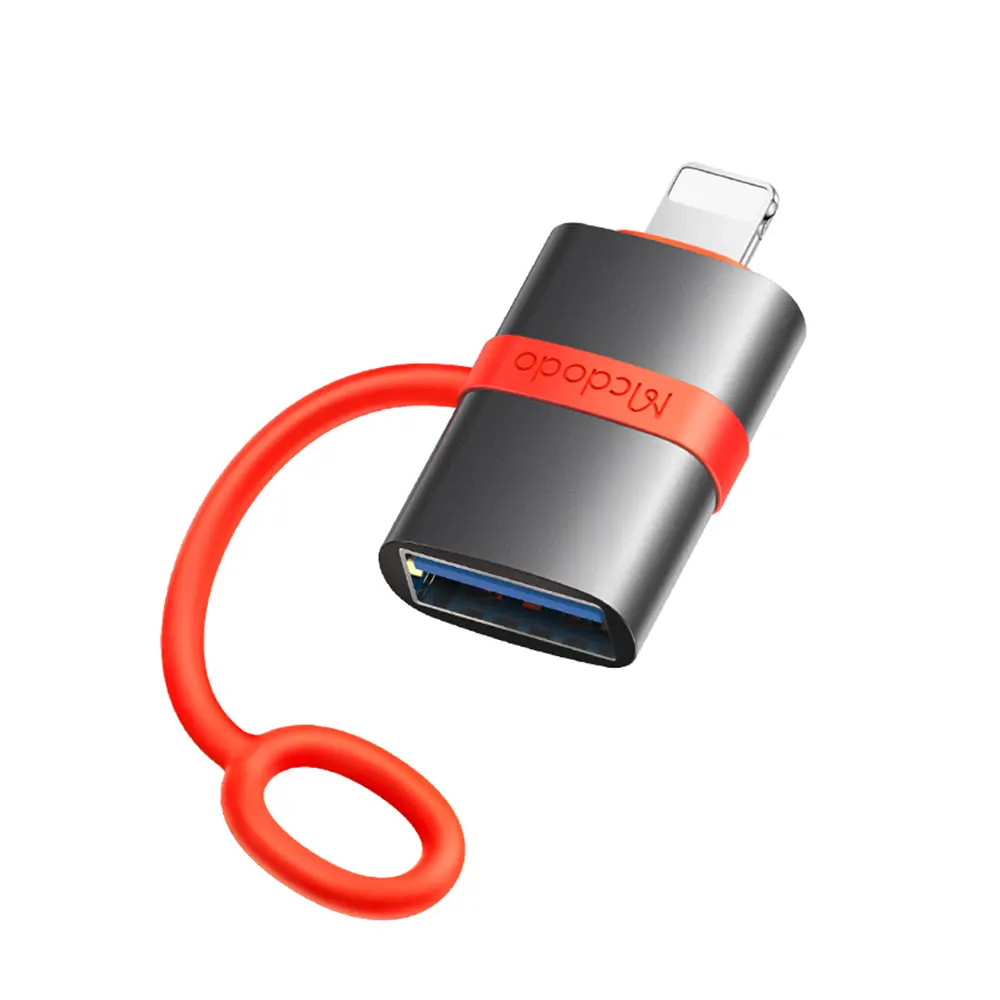 Mcdodo – adaptér (OT-2600) – se silikonovým háčkem, hliníkovou slitinou, USB na Lightning, 480 Mb/s, přenosný design – šedá