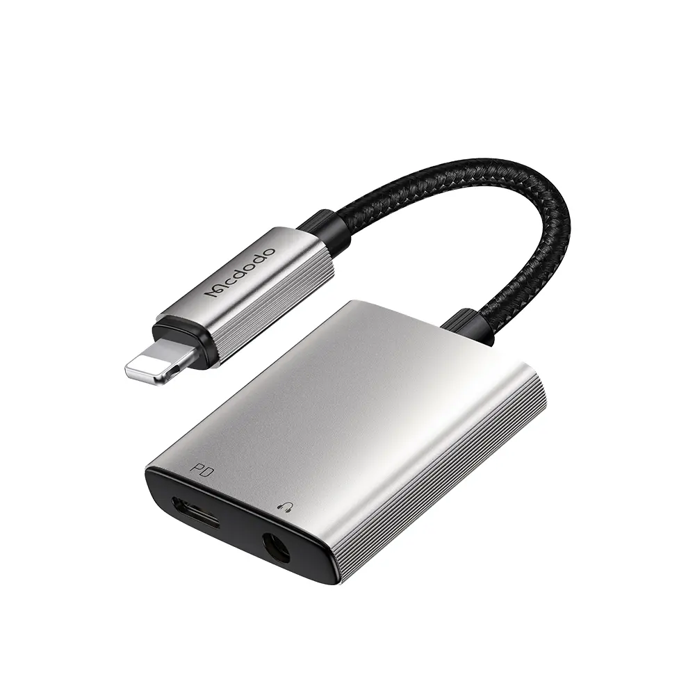 Mcdodo - audio adaptér řady Wales (CA-5540) - Lightning na Lightning, DC 3,5 mm, hliníková slitina, nylon, 5V/2A, 12,5 cm - šedá