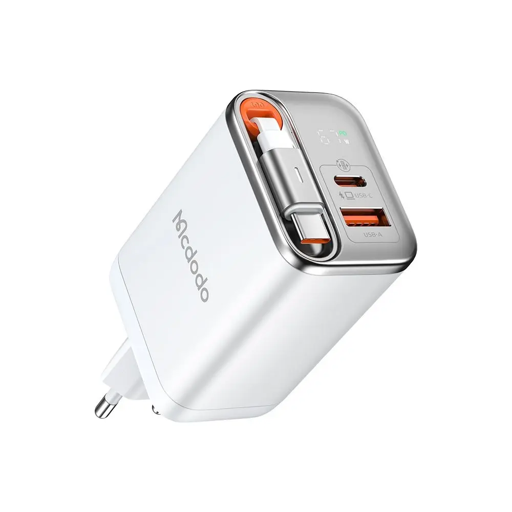 Mcdodo - nástěnná nabíječka FreeGo Series (CH-4103) - vestavěný zatahovací kabel USB-C, USB-A/C, 67W, digitální displej, 65cm - bílá