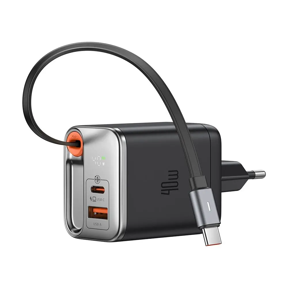 Mcdodo - nástěnná nabíječka FreeGo Series (CH-4281) - s vestavěným zatahovacím kabelem USB-C, USB-A/C, 40W, digitální displej, 65cm - černá