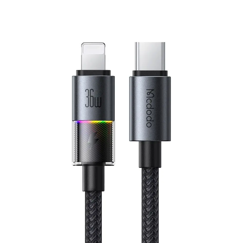 Mcdodo – datový kabel (CA-8190) – se 7 barevnými světly, USB-C na Lightning, 36W, 3A, 1,2m – černý