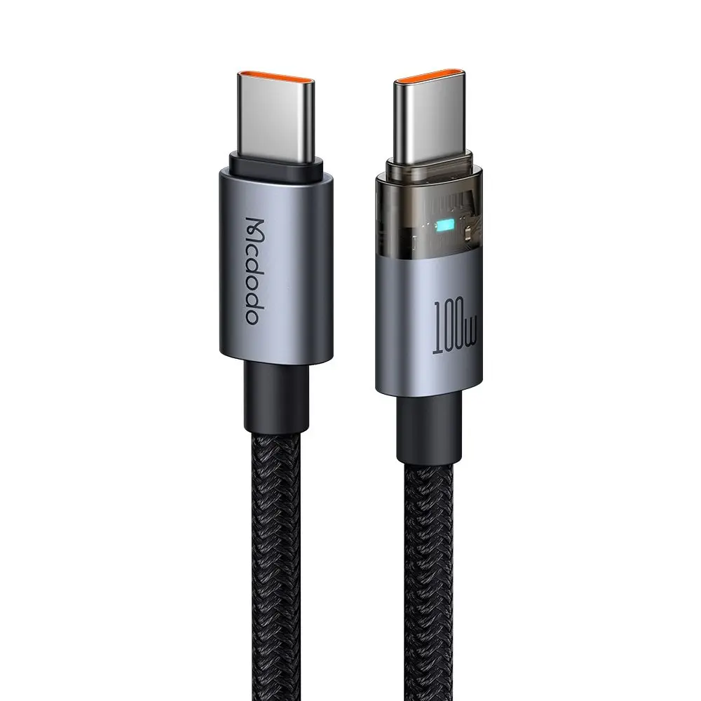 Mcdodo – datový kabel (CA-5580) – s nabíjecím světlem, USB-C na USB-C, průhledný kabel, 100W, 1,2m – černý