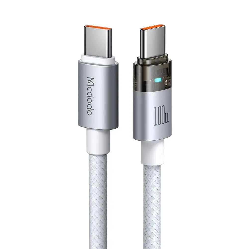 Mcdodo – datový kabel (CA-5582) – s nabíjecím světlem, USB-C na USB-C, průhledný kabel, 100W, 1,2m – bílý