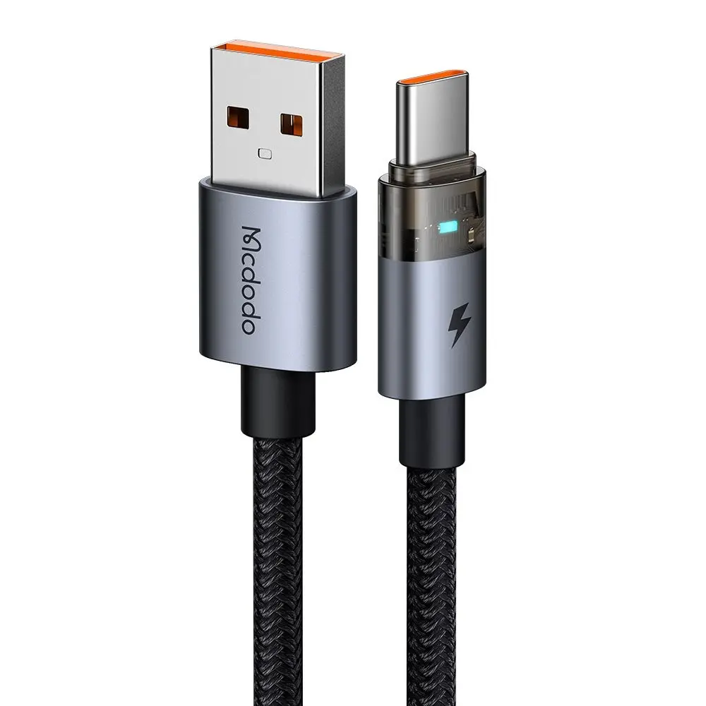 Mcdodo – datový kabel (CA-6890) – s nabíjecím světlem, USB-C na USB-A, průhledný kabel, 6A, 1,2m – černý