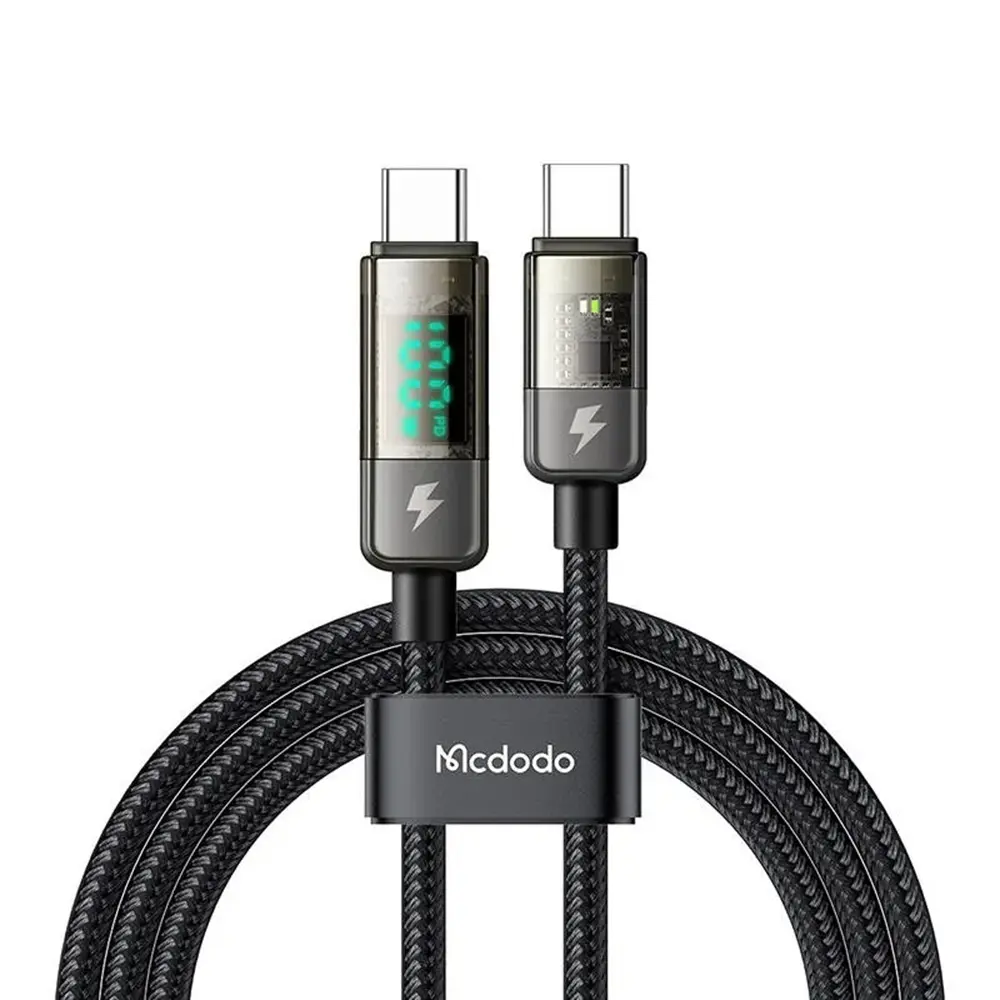 Mcdodo – datový kabel (CA-3610) – Type-C na Type-C, 100W, digitální displej, automatické vypnutí, transparentní design, 1,2m – černý