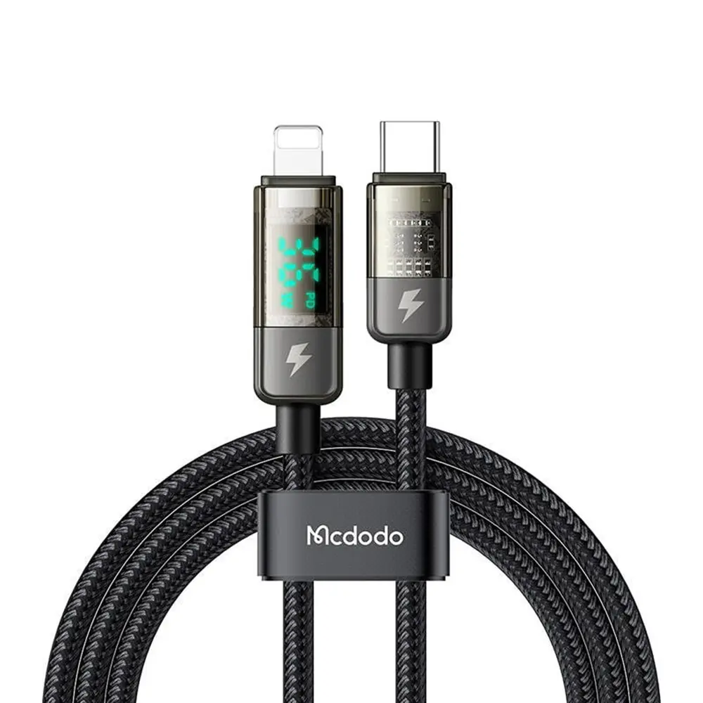 Mcdodo – datový kabel (CA-3600) – USB-C na Lightning, 36W, digitální displej, automatické vypnutí, transparentní design, 1,2m – černý